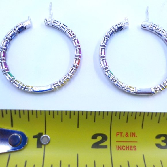 Created Gemstones Rainbow Channel Set Sterling Silver 1.5" Hoops Earrings - Picture 5 of 5